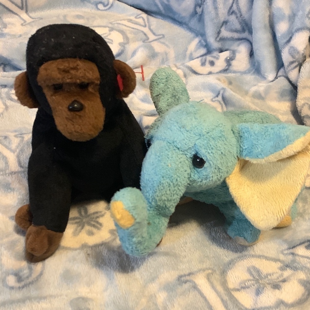 Beanie Babies- Plush Elephant and Monkey Stuffed Animal Set